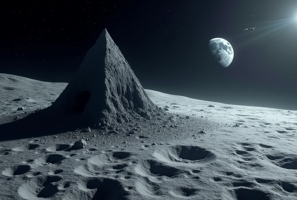 image of the moon's surface in dark starry outer space with an alien spaceship emerging from a dark cave on the moon's surface, THERE IS A GRAY PYRAMID OF ROCK THAT IS TAKING FLIGHT WITH TURBINES AT ITS BASE, THERE IS PLANET EARTH SHINING ON THE HORIZON IN THE DISTANCE AS REALISTIC AS POSSIBLE, as detailed as possible