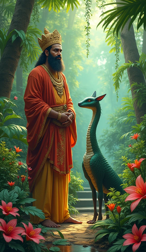 Maveli with his olakuda standing on a garden