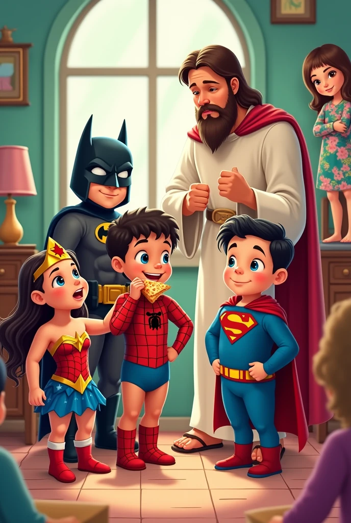 Child dressed as Spiderman,
girl dressed as wonder woman,
Fat ??? dressed as Batman eating pizza,
boy dressed as Superman and boy as Jesus Christ in the middle of everyone as the best superhero and next to Jesus Christ a girl in pajamas, in the background a room decorated for a girl