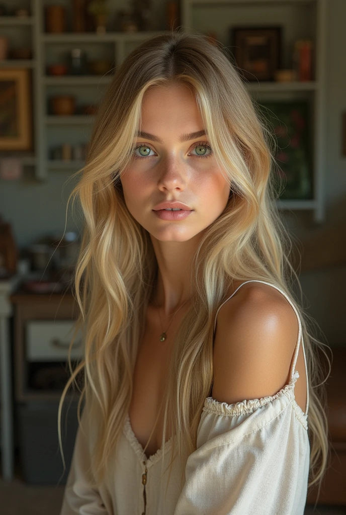 Create a woman with blonde hair and green eyes in her humble home in her full body home