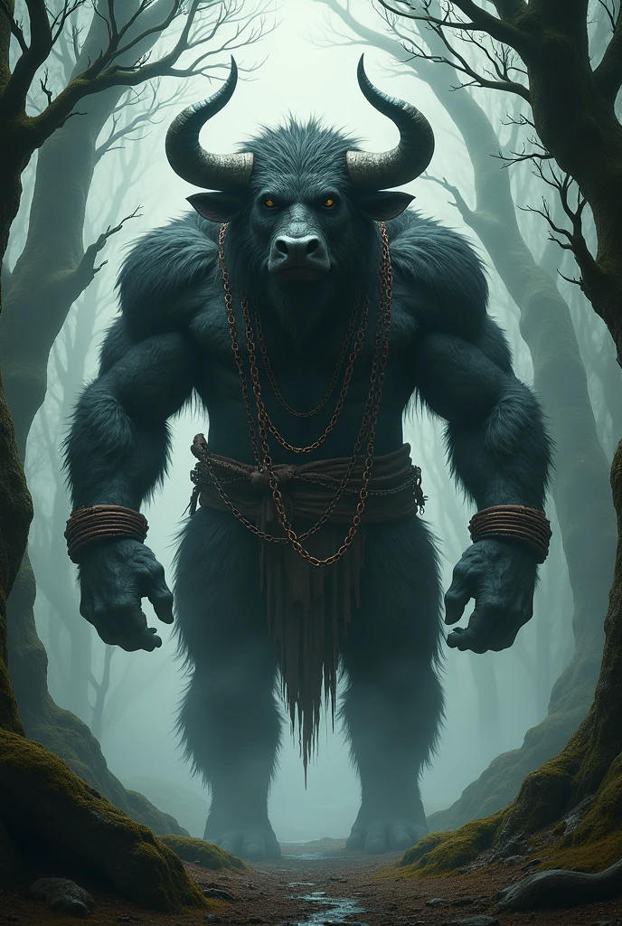 A tall and muscular humanoid creature with the features of a water buffalo, standing confidently in the middle of a mysterious forest. His thick, dark fur blends with the shadows of the dense, foggy woods. His face is strong and imposing, with large, curved horns that add to his intimidating appearance. Heavy, rusted iron chains wrap around his torso, clinking as he moves, and his hands are adorned with old, rusty iron chain bracelets. The atmosphere around him is eerie, with twisted trees and mist swirling at his feet, giving the sense of a dark and enchanted forest. The light is dim, filtered through the dense canopy above, casting haunting shadows that seem to move with him.