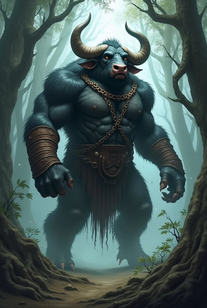 A tall and muscular humanoid creature with the features of a water buffalo, standing confidently in the middle of a mysterious forest. His thick, dark fur blends with the shadows of the dense, foggy woods. His face is strong and imposing, with large, curved horns that add to his intimidating appearance. Heavy, rusted iron chains wrap around his torso, clinking as he moves, and his hands are adorned with old, rusty iron chain bracelets. The atmosphere around him is eerie, with twisted trees and mist swirling at his feet, giving the sense of a dark and enchanted forest. The light is dim, filtered through the dense canopy above, casting haunting shadows that seem to move with him.