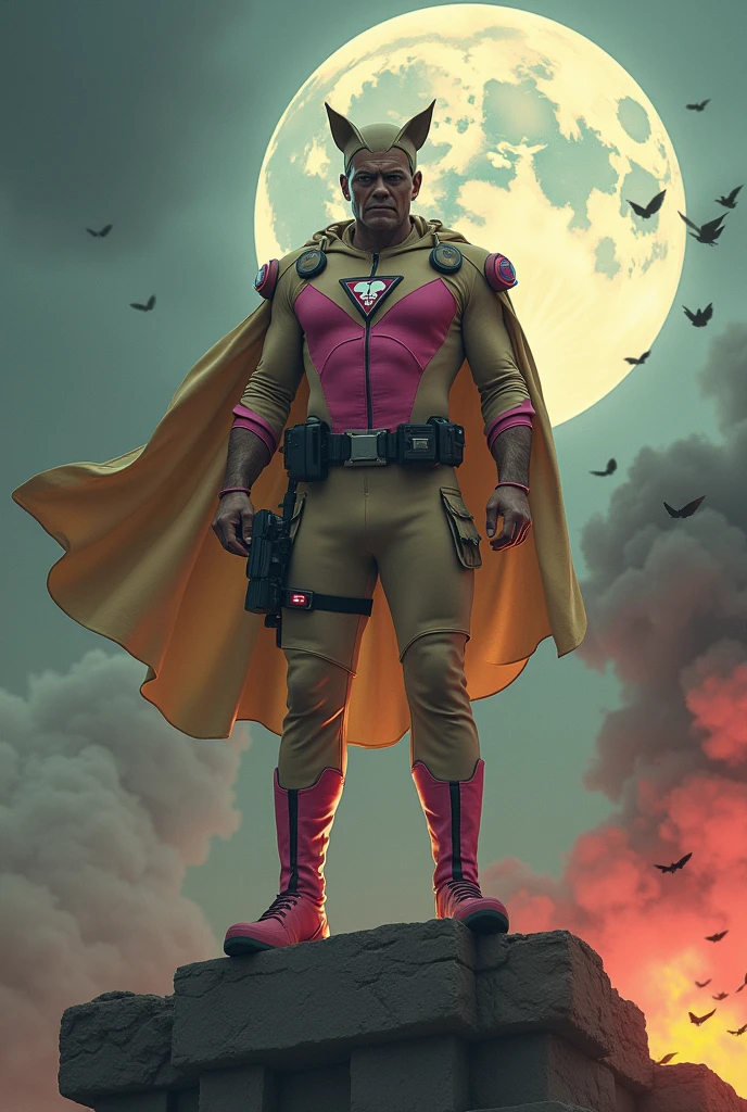 Malaysia man in high-tech suit, vivid effects, malaysian superhero (KELUANG MAN) in a striking pink and brown beige costume cyberpunk design((, mask small mini bat ear beige,)) daredevil beige mask, jumpsuit dark pink stands confidently in a dramatic.jumping from high place.hero costume.one hand rise up. (Big triangle logo on the chest.high detail Punisher logo on the chest)). jumping from hight place. Fighting pose , stormy landscape. ((Head covered node guard like batman. Running pose , athletic body type, small mini ear bat mask))The character wears domino mask a helmet with pointed mini torn ears and a flowing cape biege, open nose and mouth. Equipped with visible futuristic weapons on a belt,bullet proof jacket pink dark day.show fingers pose, dark night, big supermoon effect . Small logo on chest triangle shape small ((mitch gerads punisher ))logo center triangle cyber logo center on chest pink logo mini logo . rocky. Building top.smoke ground , bomb effect background, losse pants, losses costume.adding to --ar 3:4 --style raw --stylize 500 --v 6.1. chaos. Lot of small flying bat. One leg on the high stone. Man. Backpack . Real man age 40 year old. One hand holding belt. Jump from high place. Open cape.((old school design. Loose pant))