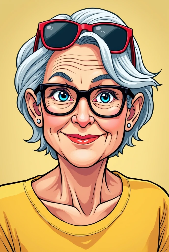 Style manga, une femme de 66 ans blanche, aux yeux bleus, cheveux poivre et sel courts. Elle a des appareils auditifs, elle sourit et son t-shirt est jaune. Elle a des lunettes de soleil. Quelques rides