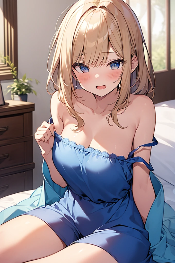 (Masterpiece, Top quality:1.5), nsfw,  sitting on the bed, (1 beautiful girl, solo:1.2), (short height:1.3), (blue Satin Nightgown and Matching Robe:1.3), (strap slip:1.2), Blonde hair:1.1, medium Hair, wavy Hair, asymmetry bangs, swept bangs, airy hair, large breasts:1.1,shy:1.3, (blush:1.3), beautiful scene of bedroom, magnificent panorama view, blurry background, open mouth