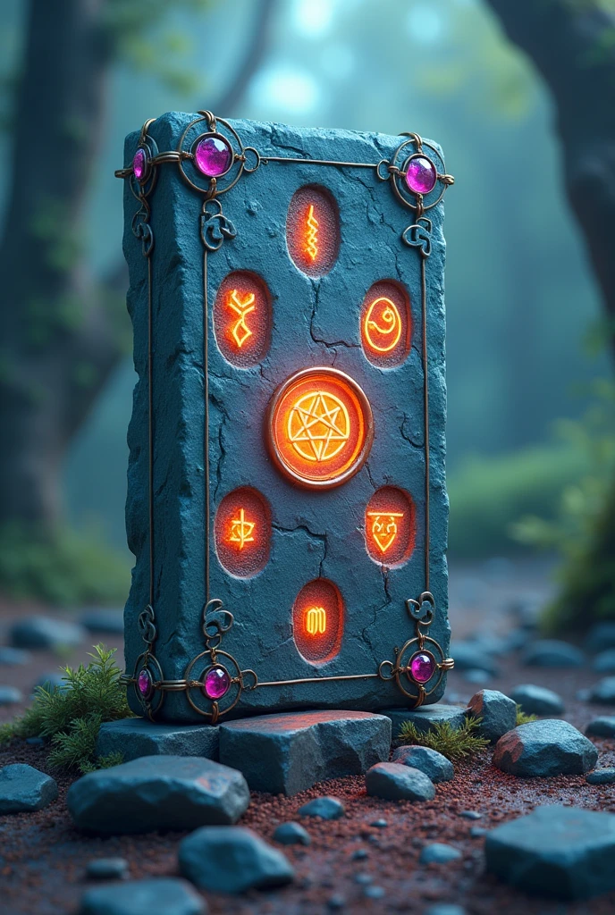 Rectangular stone tablet with 6 magical symbols. Mystic Crystal Decorations, natural nation, magic, rune, rectangular, 3D stylized cartoon style, stylized 3D