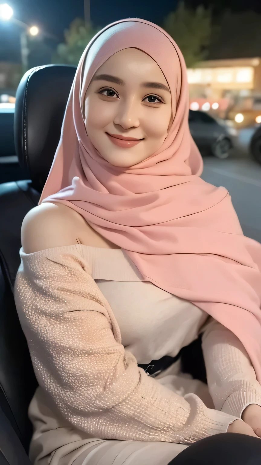 1 lady, 20 years old, best body,  wearing pink hijab, hijab covers whole hair, wearing brown sweater, off shoulder, warm lighting , sitting in car, seat belt, night time, casual wear, close shot, shot from high angle, wearing big necklace, smile,