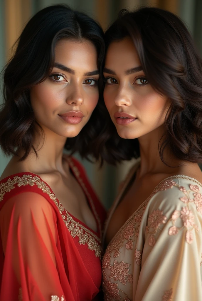 A breathtakingly lifelike photograph of a stunningly beautiful 2 Indian woman. face like Kriti Sannon, perfect and very detailed round medium natural breasts, detailed cute natural cleavage, wearing a beautiful indian dress, Presented in exquisite 8k resolution, the details are so precise and vivid that they seem to leap off the screen. The image is rendered in photorealistic quality, utilizing the latest UHD:1.2 technology for an unparalleled viewing experience. The woman has medium-short, dark brown hair framing her face in a way that emphasizes her striking features. Her double eyelids are a testament to her delicate beauty, while her highly detailed glossy eyes shine with intelligence and allure. The glossy lips are painted in a soft shade of pink, adding an extra touch of femininity to her already irresistible appearance., detailed face, alluring face, detailed background, fine detailed, intricate detail, ray tracing, depth of field, low key, hdr,