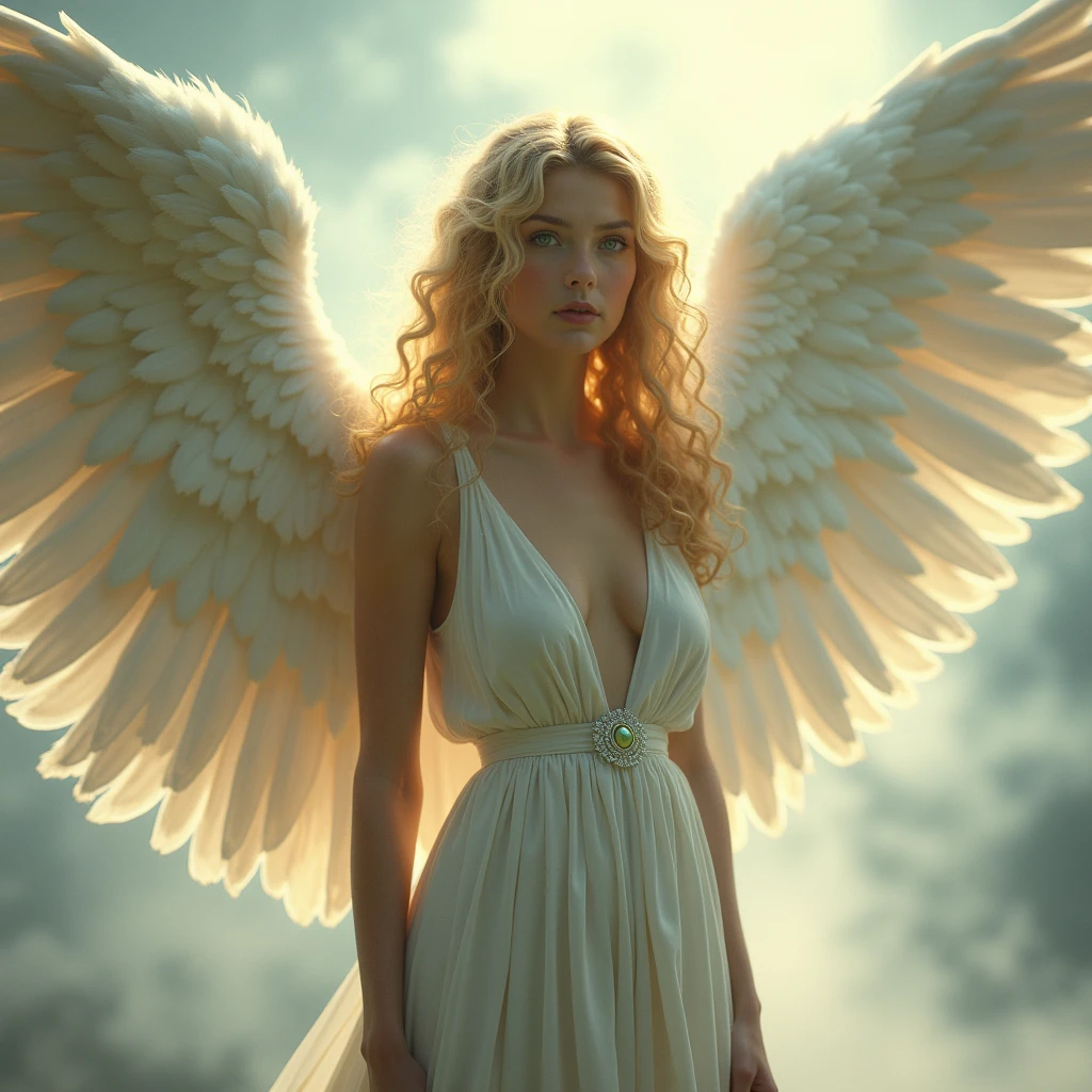 high quality, highly detailed, Imagine a dreamlike scene with a beautifull female angel, she have Golden blonde curly hair and white long wings. Longe silver dress and she have powerfull aura, she have Green eyes and gently aspect, Celestia. Full body portrait 