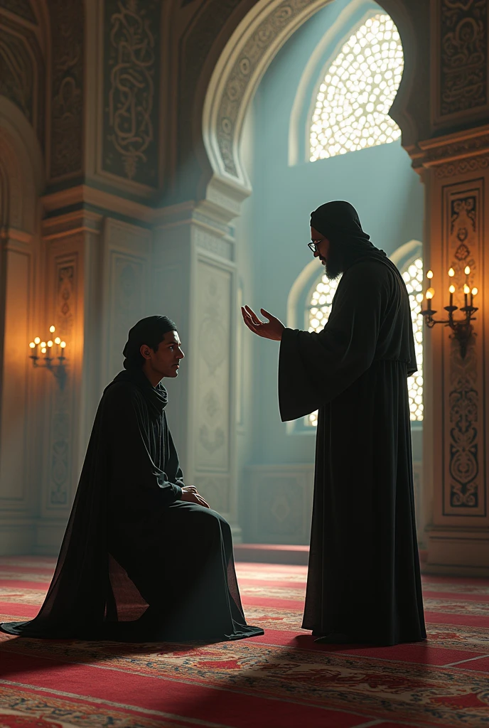 someone&#39;s picture, is doing ruqyah with ustadz with the background of the mosque and there is a 3d jinn,4k, ralistic