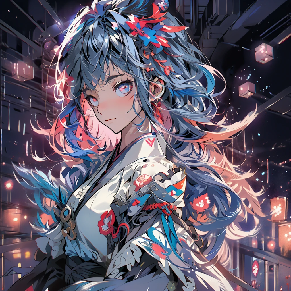 A vector art style, front view of an anime girl with traditional Japanese elements and cyberpunk design, hands in a prayer pose, multiple eyes on her head, she has wings behind her back, the background is a temple with a red and blue color theme, a colorful pop art illustration in the style of cool, a highly detailed, clean, bold manga poster, a 2D, flat, symmetrical composition. --ar 3:4 --niji 6