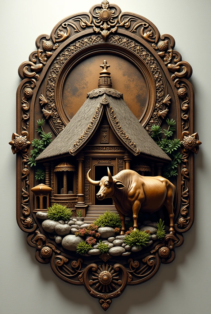 Make a medal with toraja design with adat house and buffalo