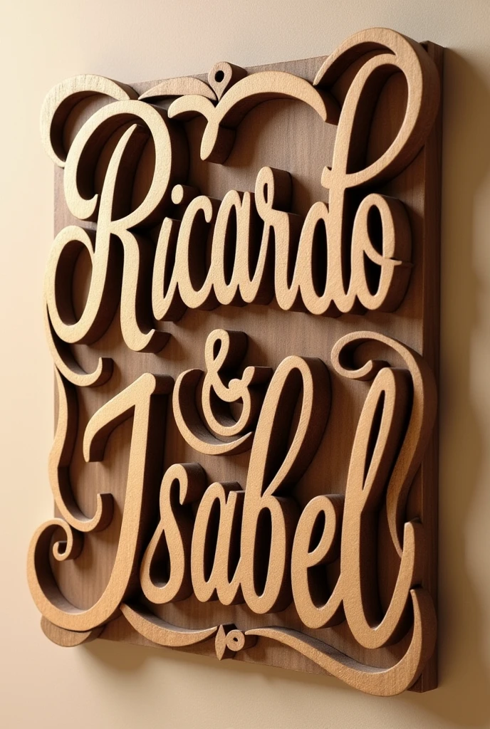 Ricardo and Isabel carved in wood with cursive lettering 