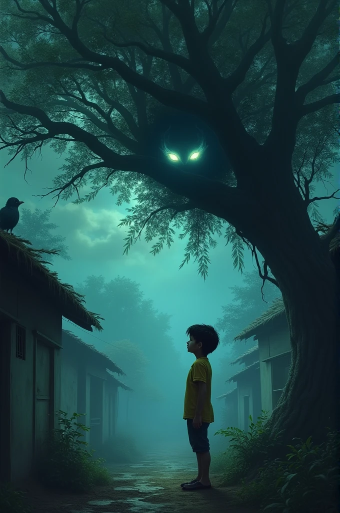 One night a boy saw this strange figure sitting on a branch of the old mango tree in their house and his eyes were glowing.