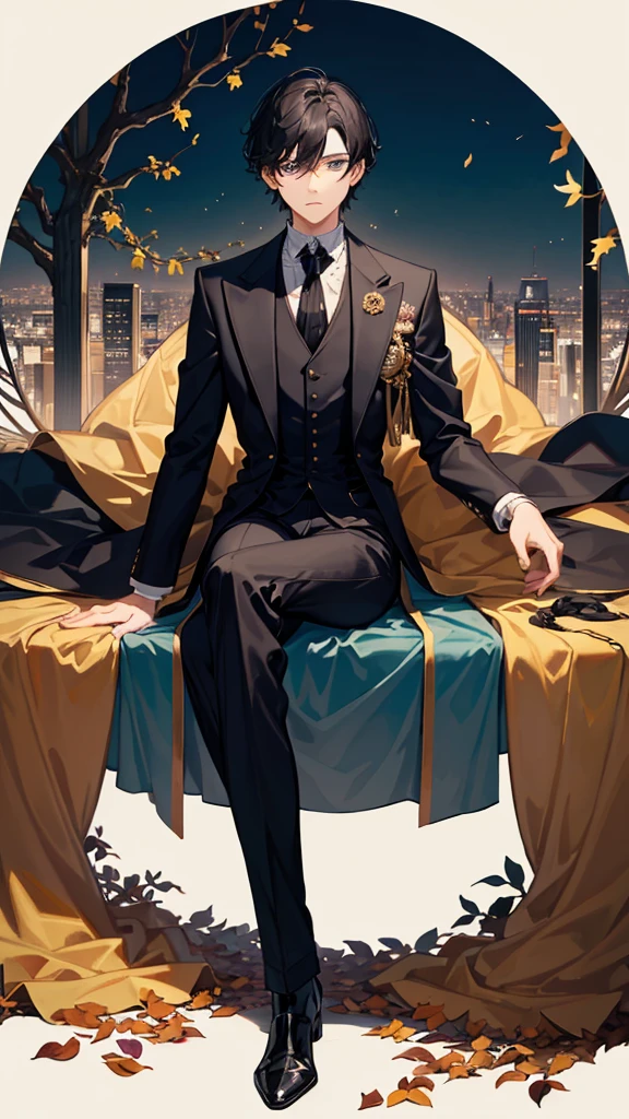 A medium black haired blue eyed boy wearing a monocle wearing a formal royal outfit looking to the calm side. Sitting under a tree scattering leaves in the air in autumn. crown prince. Setting is a forest with a view of the city.