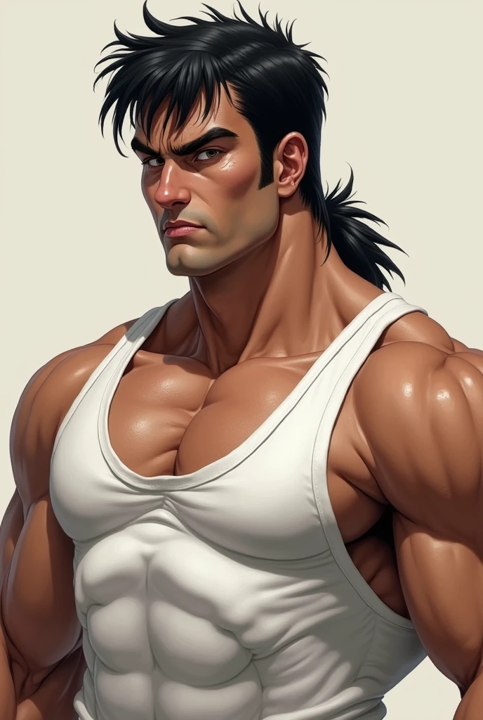 Create a short, strong boxer with black hair using the mullet cut using white clothes
