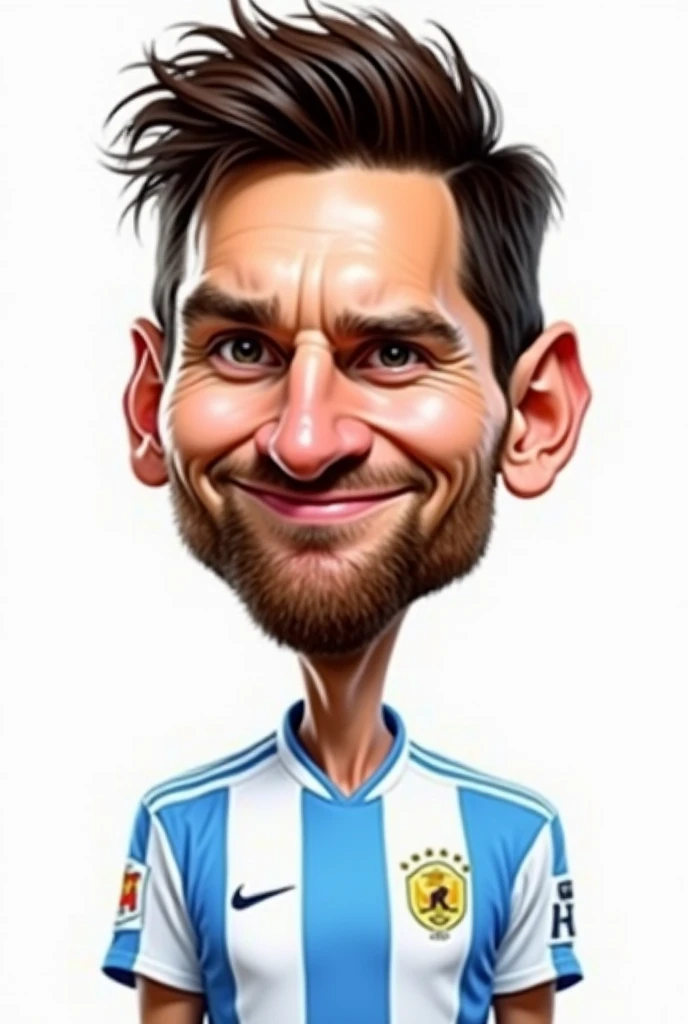 Caricature of Messi's face from the front dressed in the Argentine team on a white background