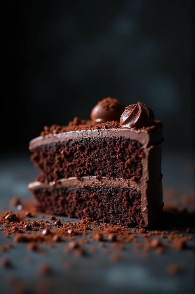 cinematic film still chocolate, chocolate cake, dark background, quality photo, moist texture, frosting, studio photo, slice . shallow depth of field, vignette, highly detailed, high budget, bokeh, cinemascope, moody, epic, gorgeous, film grain, grainy