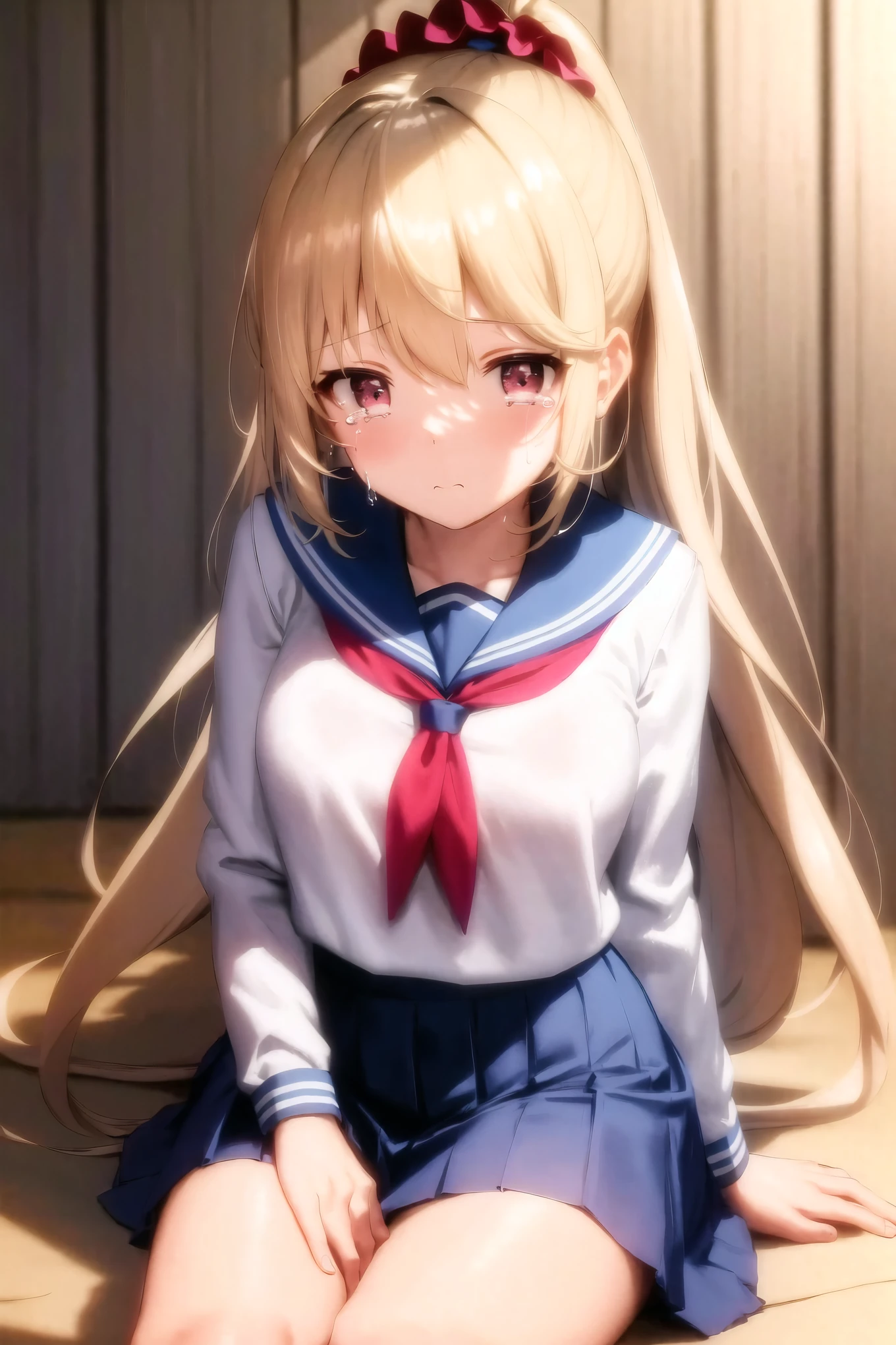 masterpiece, best quality, high resolution, 1girl ponytail hairpin hairband white shirt, Blue Skirt,Crying emoticon