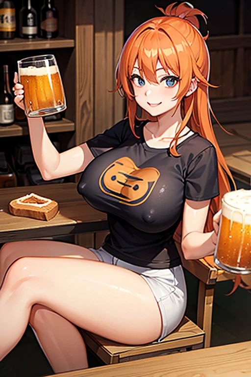Woman, orange hair, large breasts, t-shirt, izakaya, sitting on chair, beer mug in right hand, smiling, happy, toast, sheer nipples