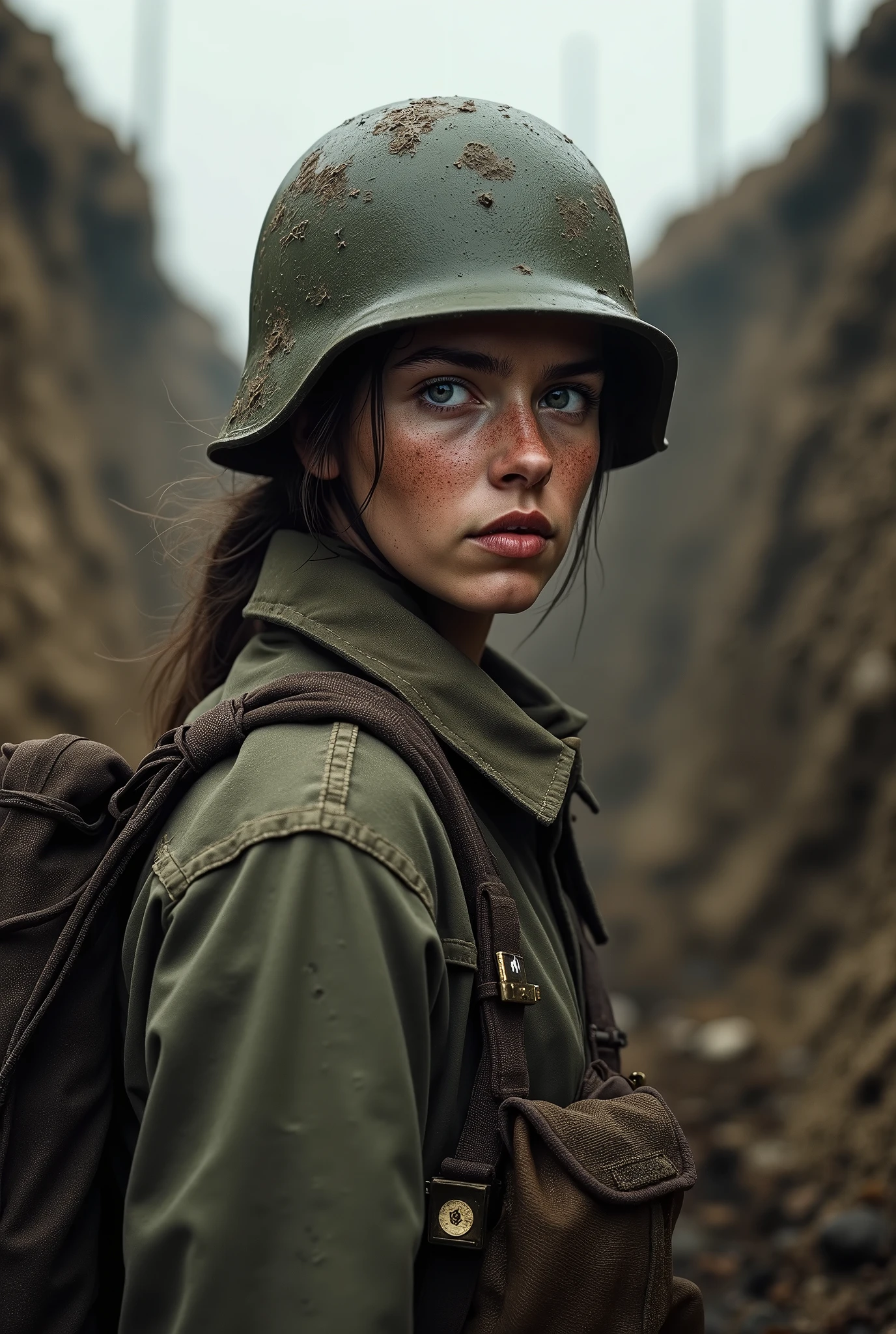 A young French female soldier from World War II, is in a trench, your face looks tired, old military helmet