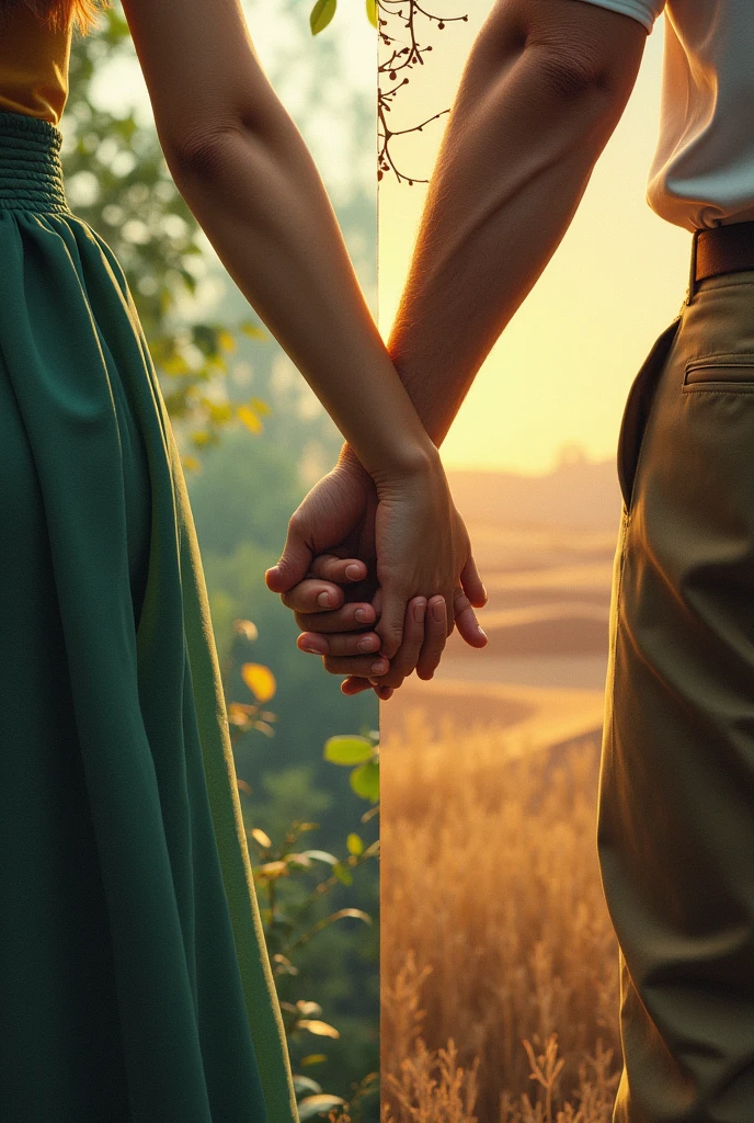 Two people holding hands. but, a line between the two hands and each different background. The woman's is a forest type and the man's is a desert type. I don't know if you understand me.