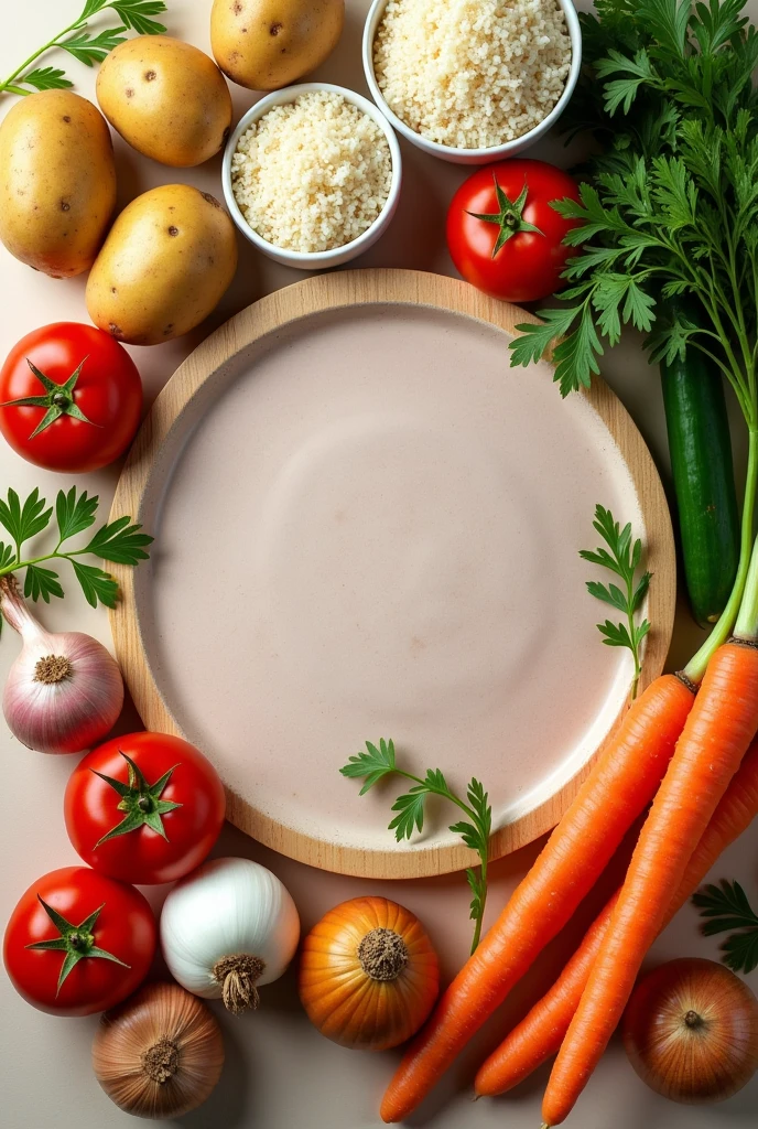 Photo of raw materials potato, rice, chicken, tomato, garlic, onion, cucumber, carrot