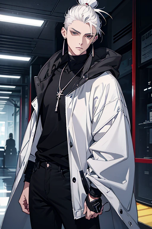 Anime man gradient young white hair short shaved sides flip hair bun to left side in middle serious face with black earrings black sweatshirt speed jeans futuristic clothes black dark circles big black hair big brown hair extremely futuristic clothes futuristic clothes skinny sweatshirt black jeans male cloak that covers the shoulders