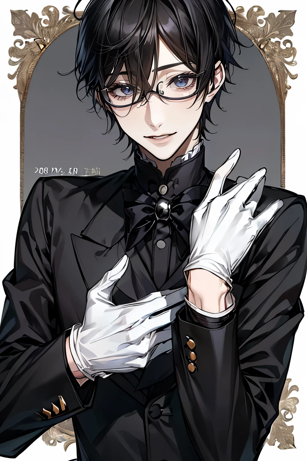 (Mastepiece)、(Best Quality)、Very detailed、((One man:1.5))、Perfect Face、Beautiful Face、Very detailedな顔、(Black Hair:1.3)、Black butler uniform、(Glasses、White gloves:1.3)、Smiling face