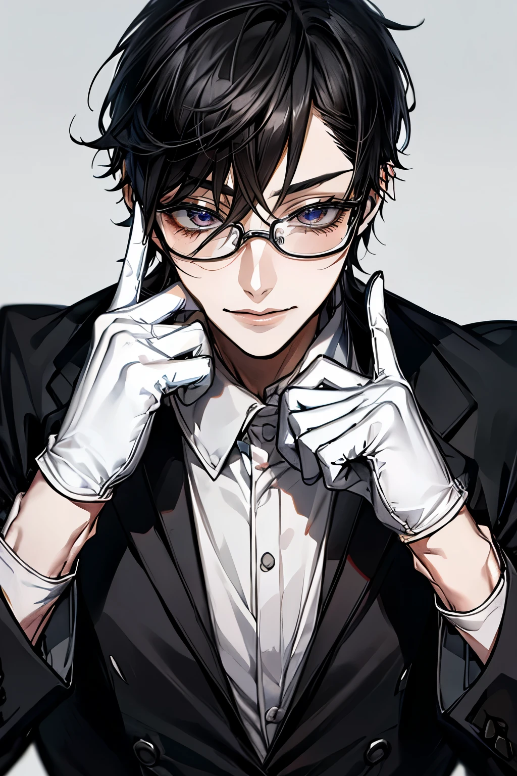 (Mastepiece)、(Best Quality)、Very detailed、((One man:1.5))、Perfect Face、Beautiful Face、Very detailedな顔、(Black Hair:1.3)、Black butler uniform、(Glasses、White gloves:1.3)、Smiling face