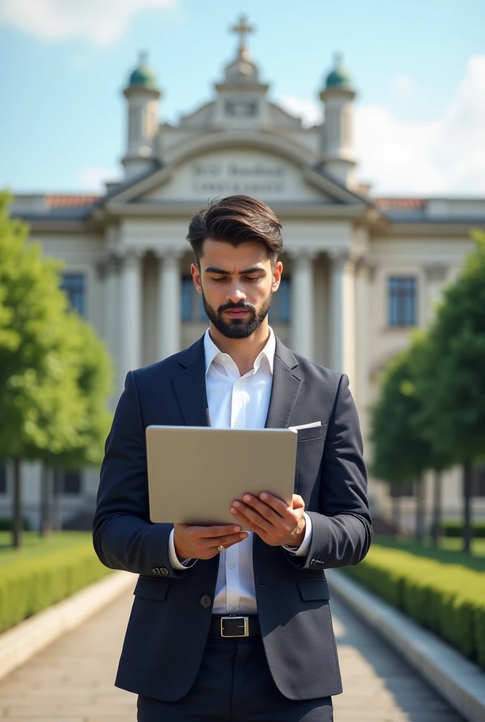 make a guy with laptop standing in front of BSI University campus with BSI University sign
