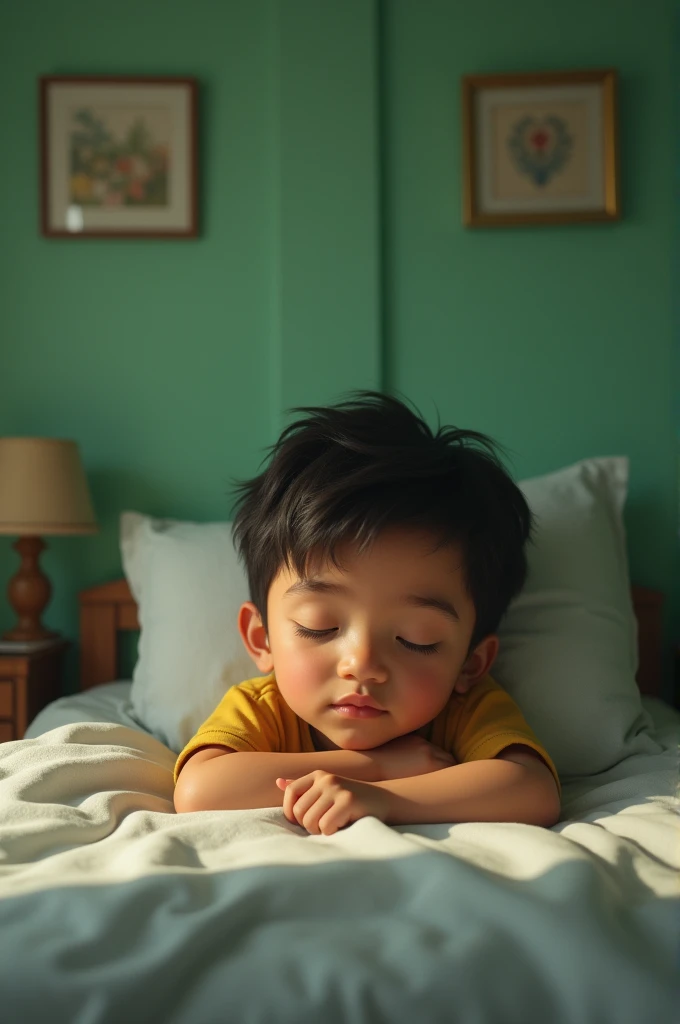 A -year Venelan boy from Guarico state lying on his bed in his simple and humble room with light green walls