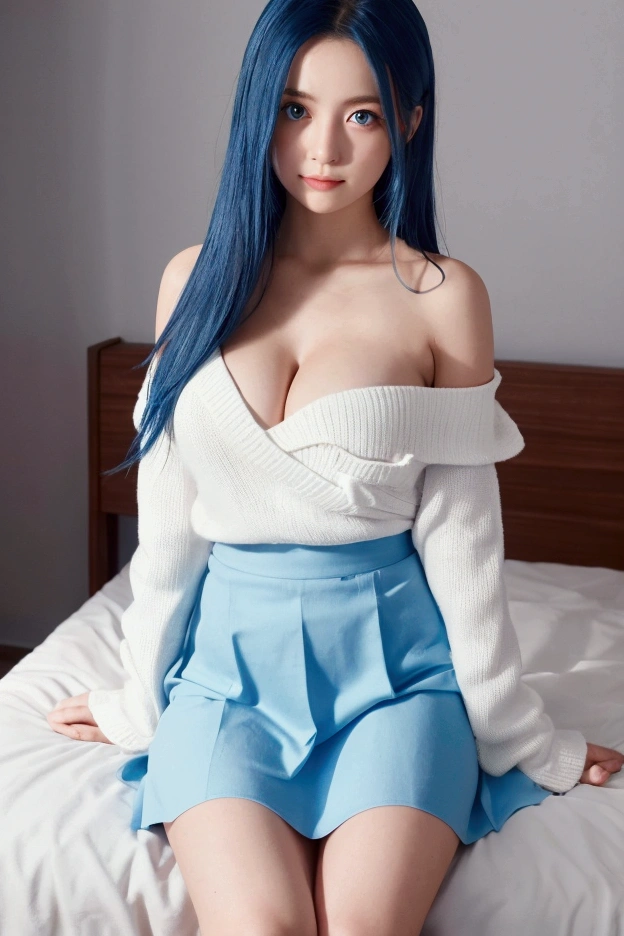 Masterpiece, best quality, High quality, height, 1 girl, alone, water (Konosuba), blue hair, long hair, blue eyes, white shirt ,Long gown, Black office skirt, thigh high, full body, stand, hands in pocket, bored, depth of field, laboratory,candid shot , looking at viewer, Girl , with long dark straight hair, wearing white cleavage off-shoulder sweater, on a bed in a sunlit bedroom , studio light filters , creates a clean, minimalist look, relaxing, happy , sunlight , white skirt,