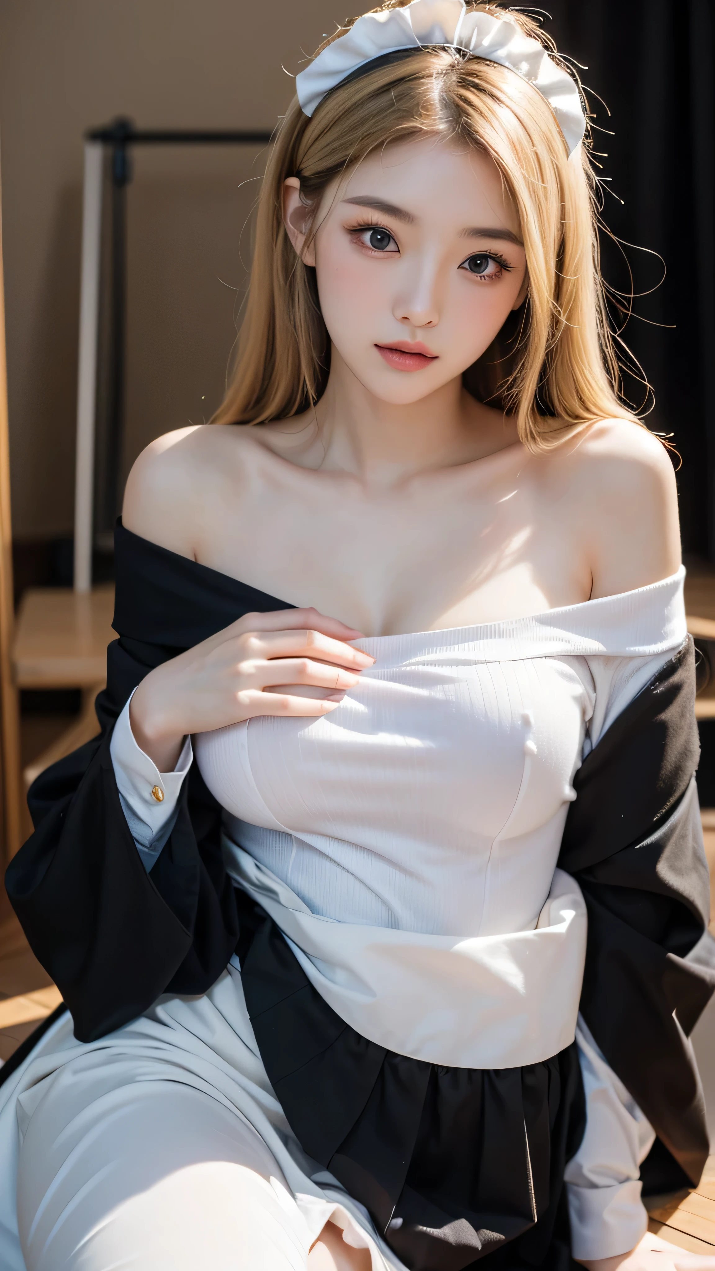 (masterpiece, best quality:1.2), japanese beautiful girl, light blonde long messy hair, highly detailed, naturally beautiful breasts, highres, 1girl, ((wear off shoulder maid uniform)), in photo studio, random sexy pose