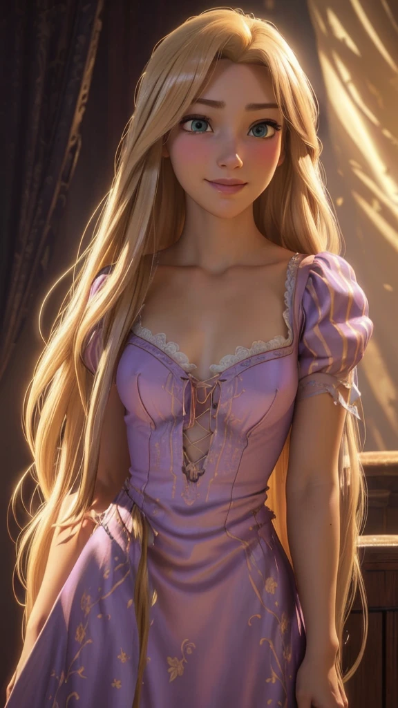 a beautiful middle-aged woman, with long blonde hair, detailed facial features, happy, Satisfied, torn dress mostrando decote e coxas, Lighting dramática, film composition, fantasy portrait, Warm Color Palette, highy detailed, photorrealistic. loot. rapunzel. torn dress.  Perfect appearance (best qualityer), (8k_wallpaper), ( ótima Lighting), HD, HDR, 16K,  (Lighting)