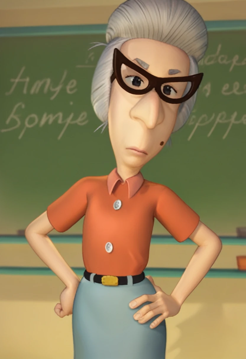 Score_9_up, score_8_up, score_7_up, BREAK, 1girl, msfowljn, solo, grey hair, glasses, buttoned shirt, mole, skirt, hand on hip, classroom