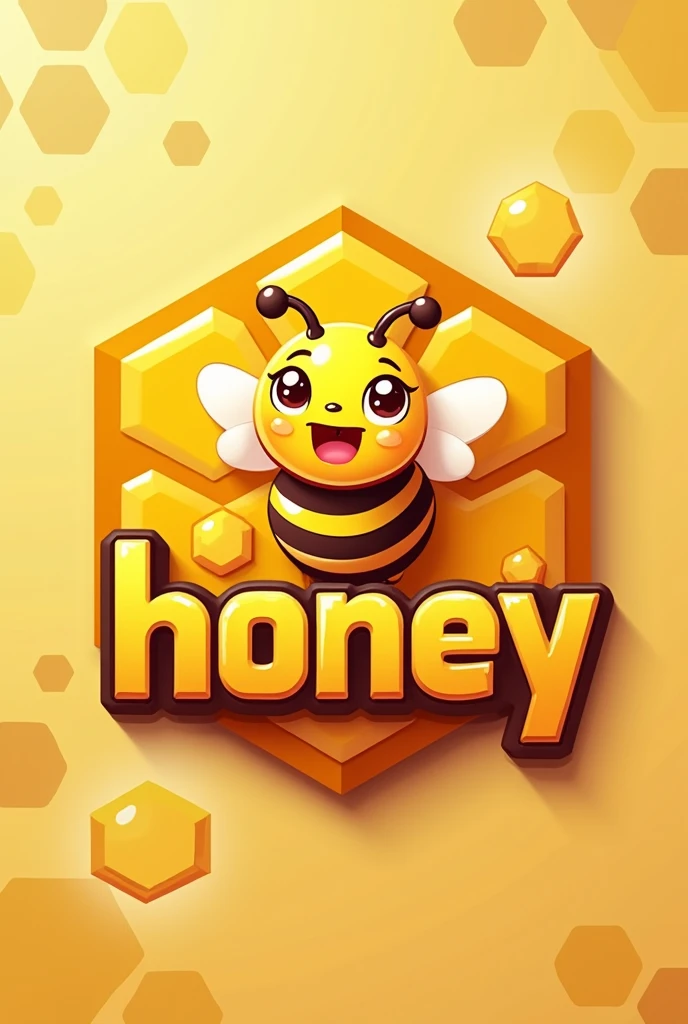 A emblem written "Honey'', with orange-yellow color minecraft theme with a cute bee
