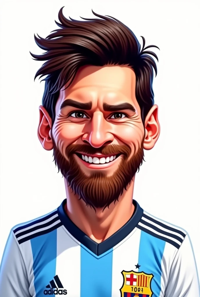 Cartoon drawing of Messi's face from the front dressed in the Argentine team on a white background