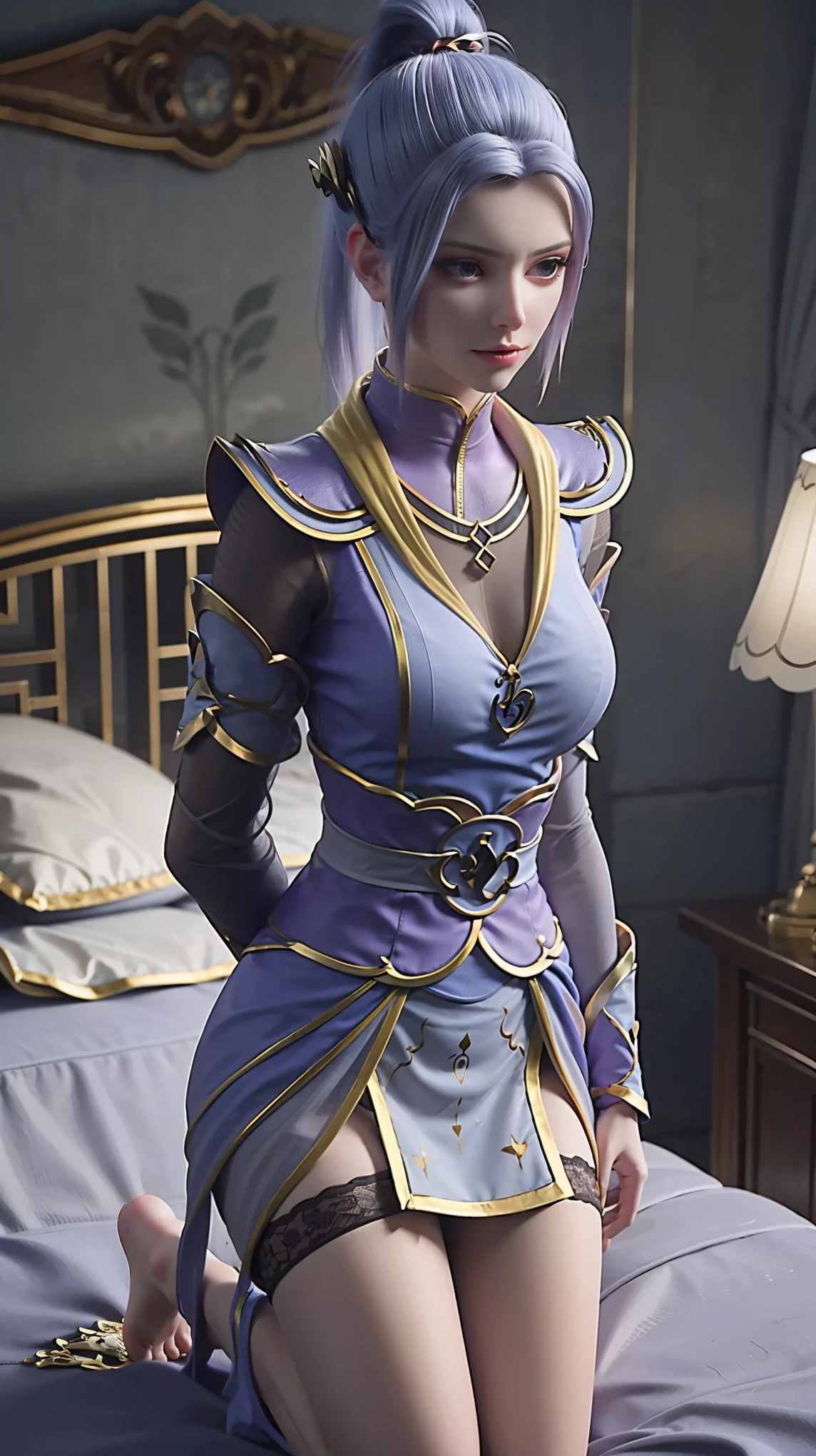 best quality,masterpiece,The Ultimate Solution,Fluffy,Extremely colorful,Mature beautiful woman,(Dress school uniform),Lace skirt,(Beautiful woman beheaded),Normal posture,(Kneeling),Kneeling on the bed,shackles,Beheading,collar,barefoot,Normal posture,Black long sleeve