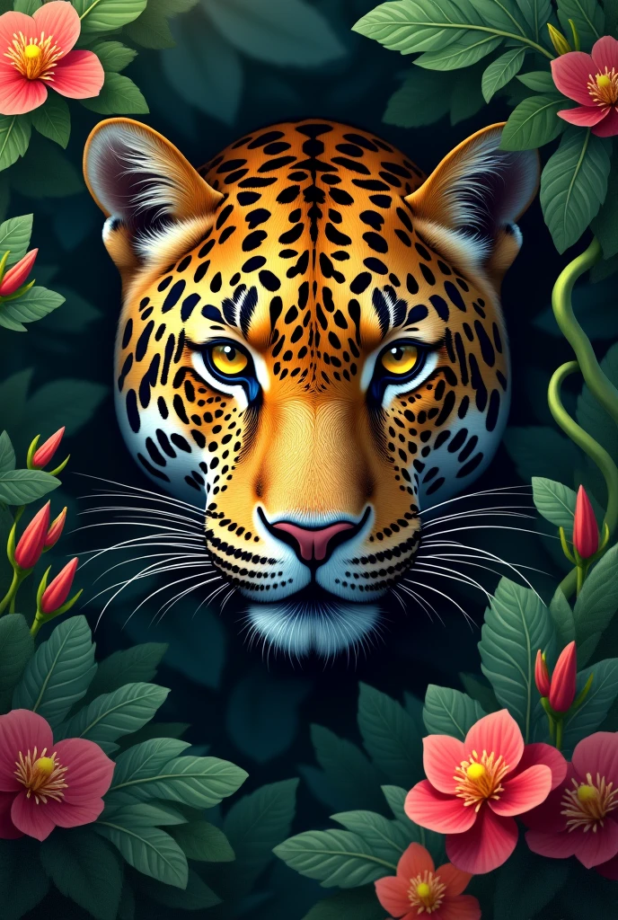 Jaguar&#39;s face in close-up in the jungle with flowers
