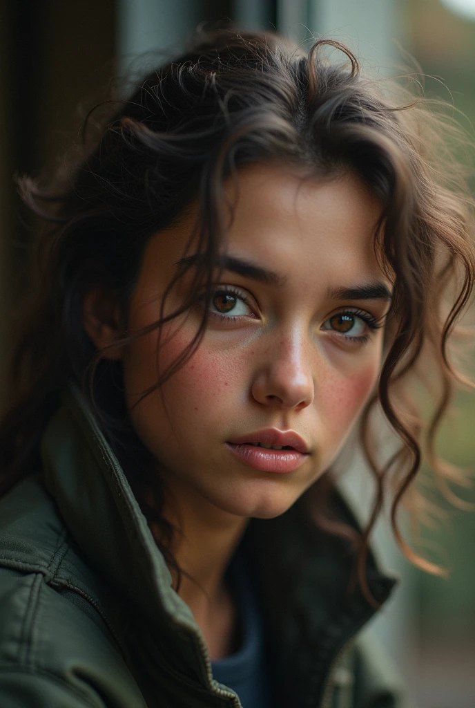 The Last of us parte 3 Ellie epilogue a young woman with beautiful detailed eyes, a post-apocalyptic environment, abandoned city, cracked concrete, rusted metal, broken windows, overgrowing plants, cinematic lighting, moody colors, realistic, photorealistic, masterpiece, 8k, best quality