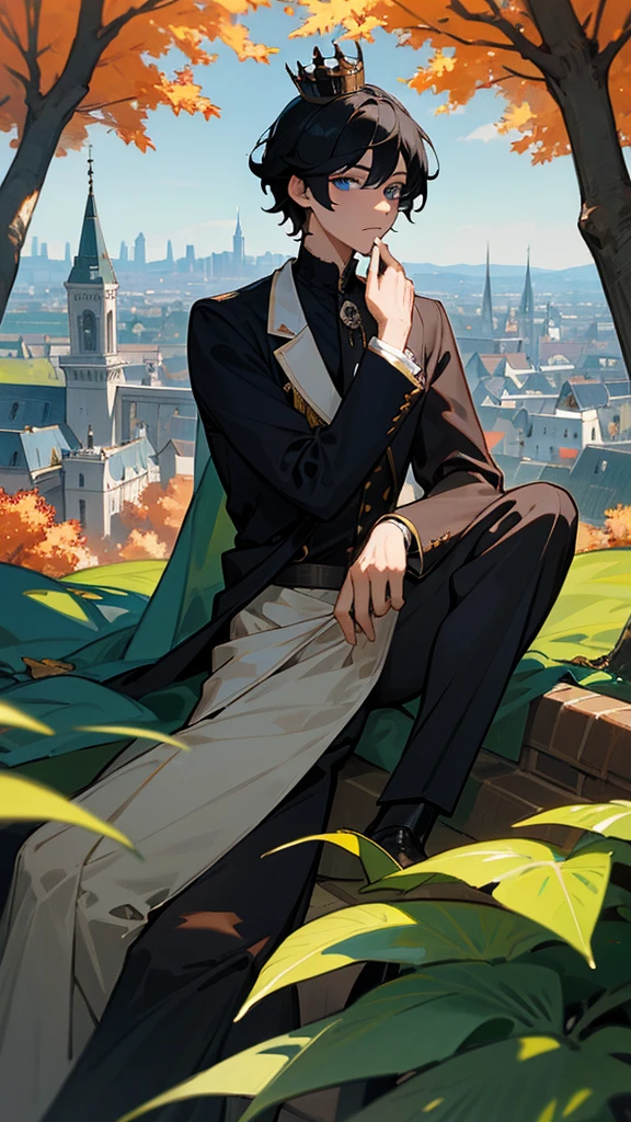 A medium black haired blue eyed boy wearing a monocle wearing a formal royal outfit looking to the calm side. Sitting under a tree scattering leaves in the air in autumn. crown prince. Setting is a forest with a view of the city.