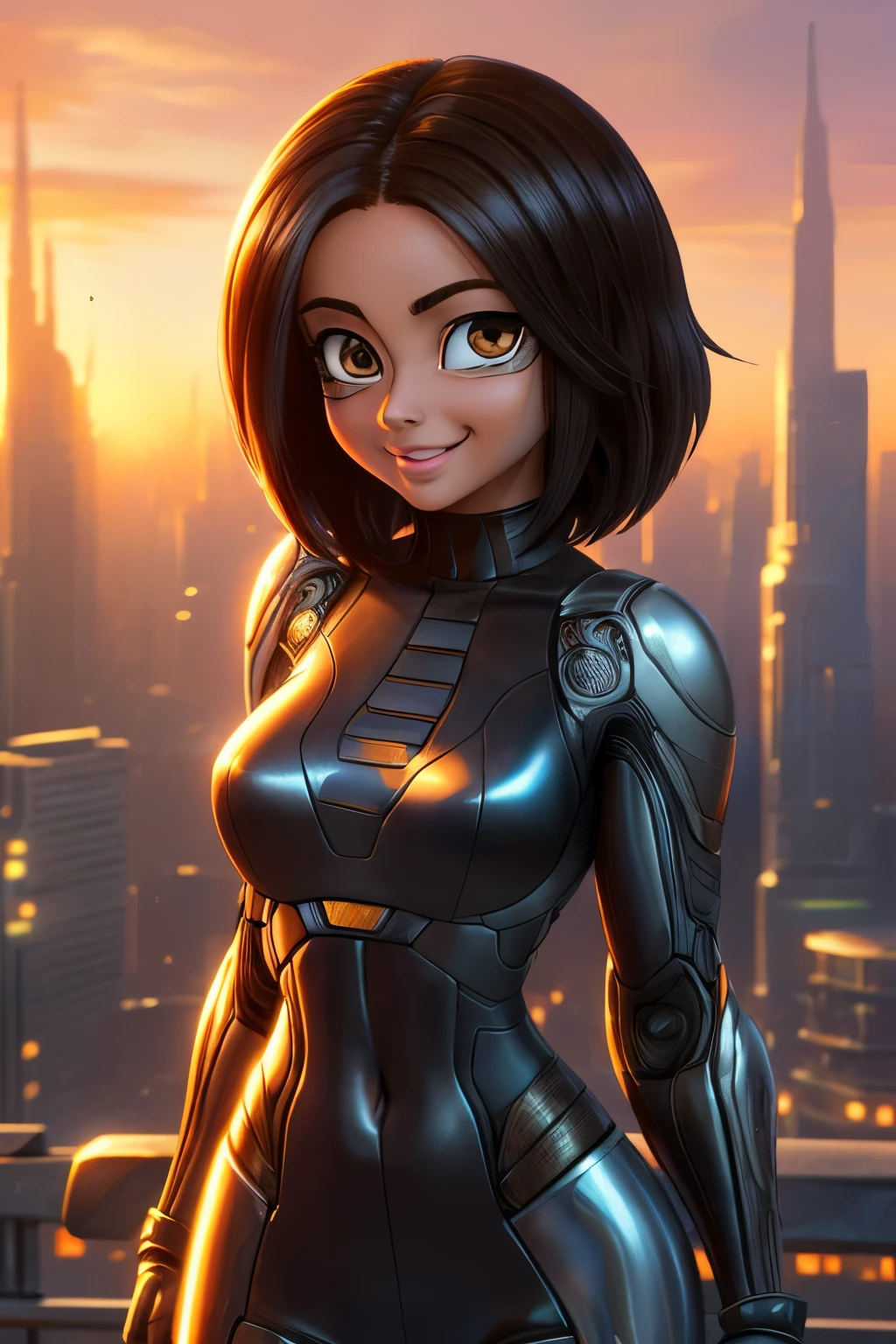 ((ultra quality)), ((Masterpiece artwork)), Alita battle angel, ((blackw, shorth hair)) (Beautiful cute face), (beautiful female lips), enchanting, ((excited expression)), looks at the camera with a gentle smile, eyes are slightly closed, (white skin color), Body shine, ((beautiful detailed female eyes)), ((lightbrown eyes)), (juicy female lips), (beautiful female hands), ((perfect female figure)), perfect female body, beautiful waist, BEAUTIFUL BIG THIGHS, beautiful breasts, ((subtle and beautiful)), he is, (close do rosto), (Alita costume) fund: cyberpunk city, beautiful sunset, ((Depth of field)), ((high quality clear image)), (sharp details), ((highy detailed)), realisitic, professional photo session, ((Focus Clear)), the anime