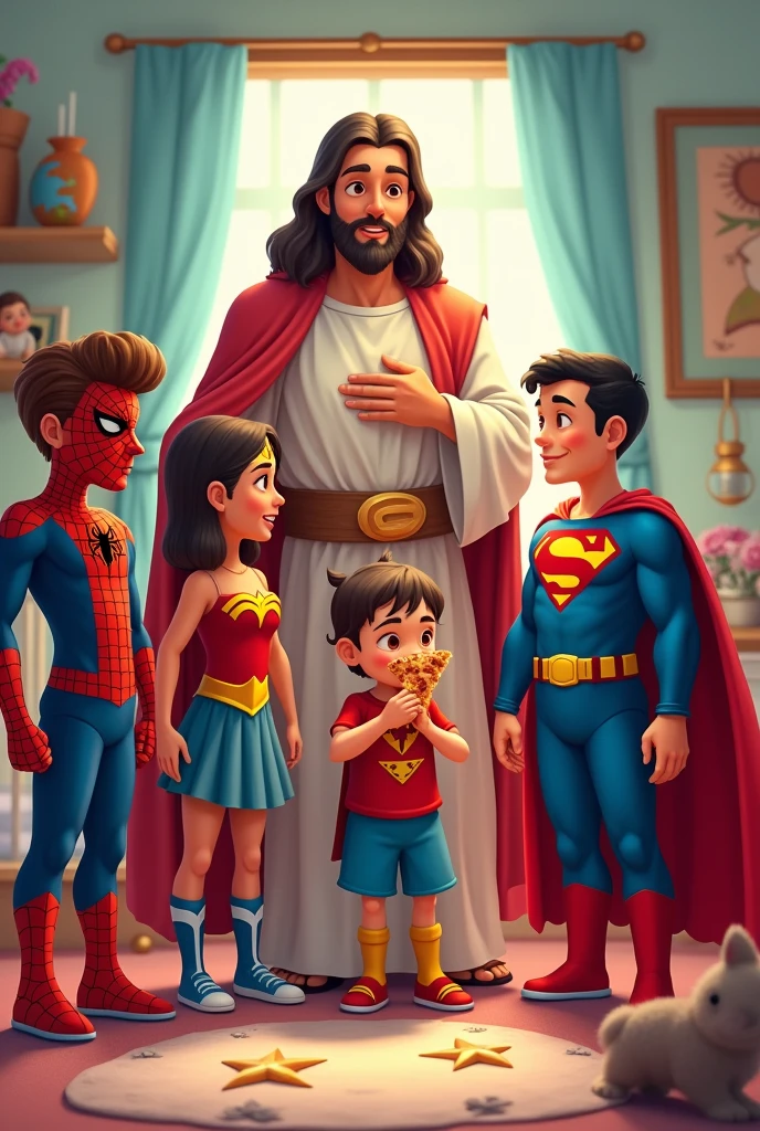 A boy dressed as Spiderman, 
A girl dressed as Wonder Woman, 
A fat ??? dressed as Batman eating pizza, 
A boy dressed as Superman and Jesus Christ in the middle of everyone as the best superhero and next to Jesus Christ a girl in pajamas, in the background a room decorated for a girl