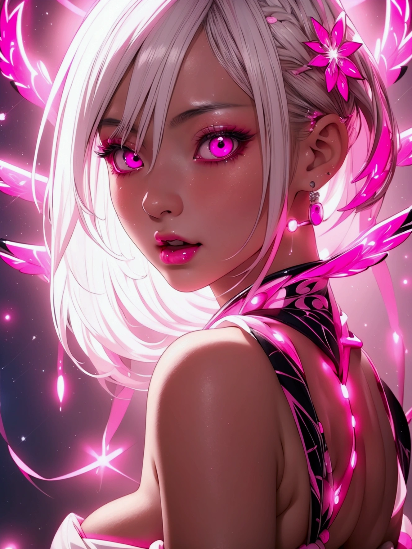 best quality, hot pink artwork, white line art, beautiful japanese girl self portrait, light up, white hair, big detailed eyes, ulzzang, ((huge breasts)), cleavage, arms behind back,