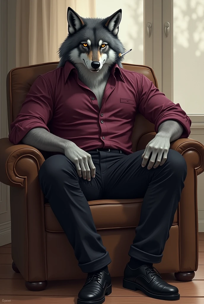 The image depicts a stylized anthropomorphic wolf character with a muscular build.. The character has grey fur with darker grey markings on the face and upper body.. They wear black formal pants and a wine-colored formal shirt. ,Instagram photo style, smoking,with a serious expression,drawing type,sitting in an armchair.