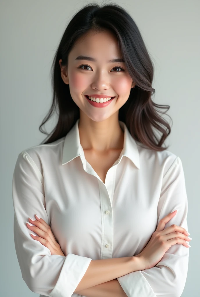 create 1 asian girl, beautiful smiling face, arms crossed in front of chest shows professionalism