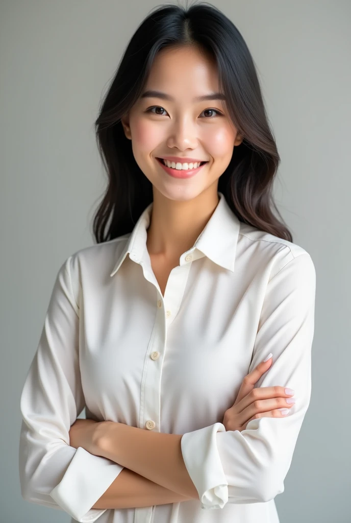 create 1 asian girl, beautiful smiling face, arms crossed in front of chest shows professionalism
