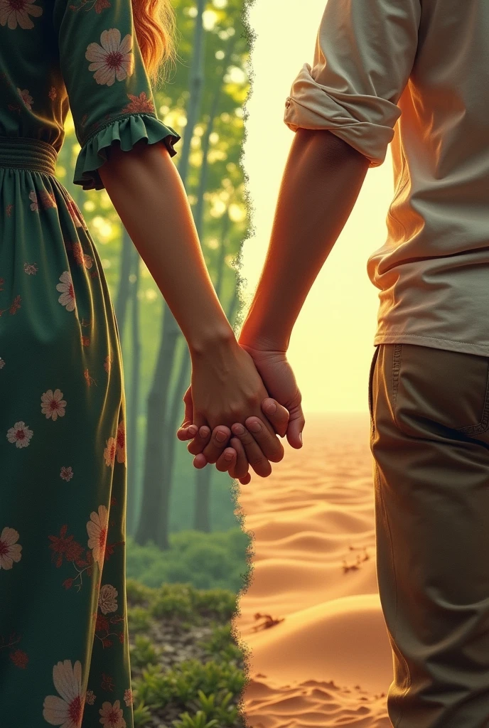Two people holding hands. but, a line between the two hands and each different background. The woman's is a forest type and the man's is a desert type. Two people holding hands. but, a line between the two hands and each different background. The woman's is a forest type and the man's is a desert type. I don't know if you understand me.