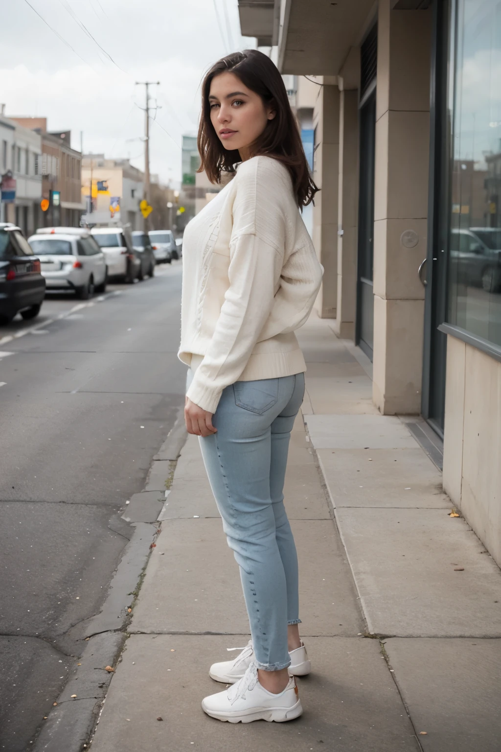 ((best quality)), ((masterpiece)), (detailed) latina woman in a White sweater and jeans standing on a sidewalk, White sweater, wearing a White sweater, wearing sweater, wearing a casual sweater, wearing a sweater, wearing a sweater de gran tamaño, close angle, Bottom angle, standing on a city street, casual clothes, complete cinematographic shot, casual clothes, detailed white, sandy beige, standing full body with white sneakers
